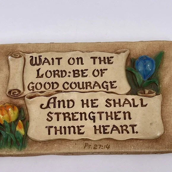Scroll Heavy Plaque Wait on the Lord Psalm 27:14 H.A. Larsen 1946 Chalk Plaster - Picture 8 of 12